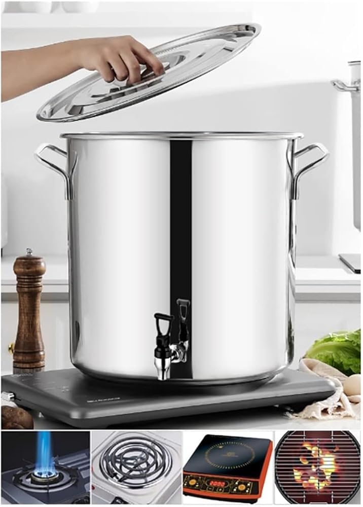 Stockpot Avec Couvercle, 5-90l En Acier Inoxydable Marmite Avec Un Fond Composite, Seau à Vin, Cruche à Lait épaisse Avec Robine, marmite ronde avec poignées douces au toucher(Size:30 * 40cm(25L))