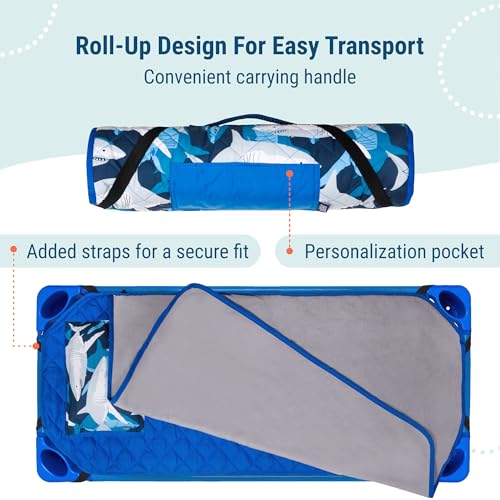 Image of Wildkin Modern Kids Nap Mat with Pillow for Boys - Soft & Cozy Cotton Blend, Elastic Straps, Toddler Sleep Mat for Daycare, Preschool, Kindergarten & Travel, Ages 3-7, Machine Washable - Sharks