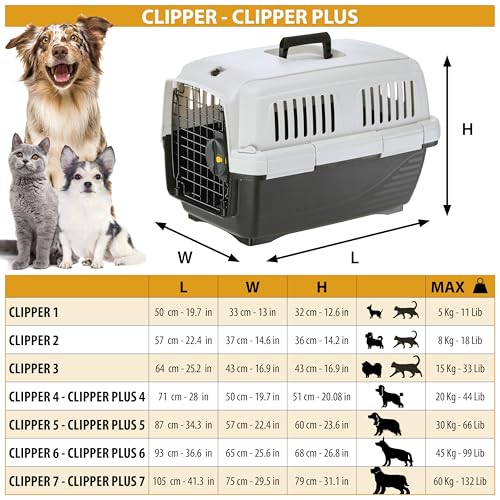 Ferplast Hundetransportbox CLIPPER PLUS, IATA-geeignet, Mittlere Hundetransportbox bis 20 kg, Sicherer Verschluss, Mit Doppelfach für Zubehör, Abnehmbarer Griff, 71 x 50 x h 51 cm