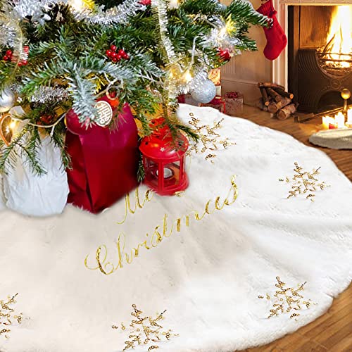 Weihnachtsbaum Decke 122cm Weiss,Kunstpelz Weihnachtsbaum Rock mit Schneeflocken-Pailletten,Super Weicher und Fusselfreier Christbaumdecke für alle Arten von Weihnachtsbäumen Cover