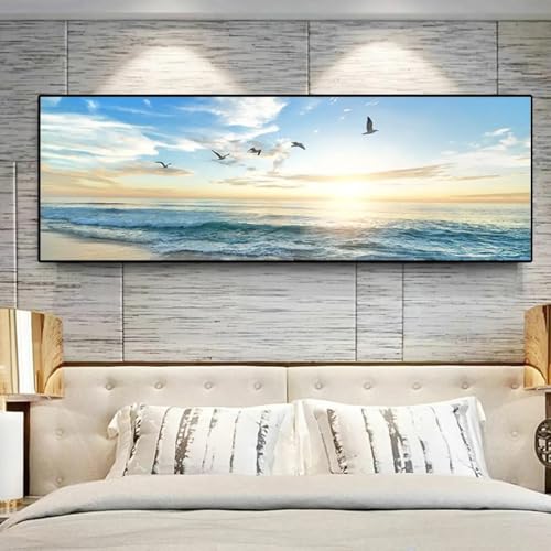 Tableau moderne mer et oiseaux 50x150cm avec cadre chic - 4