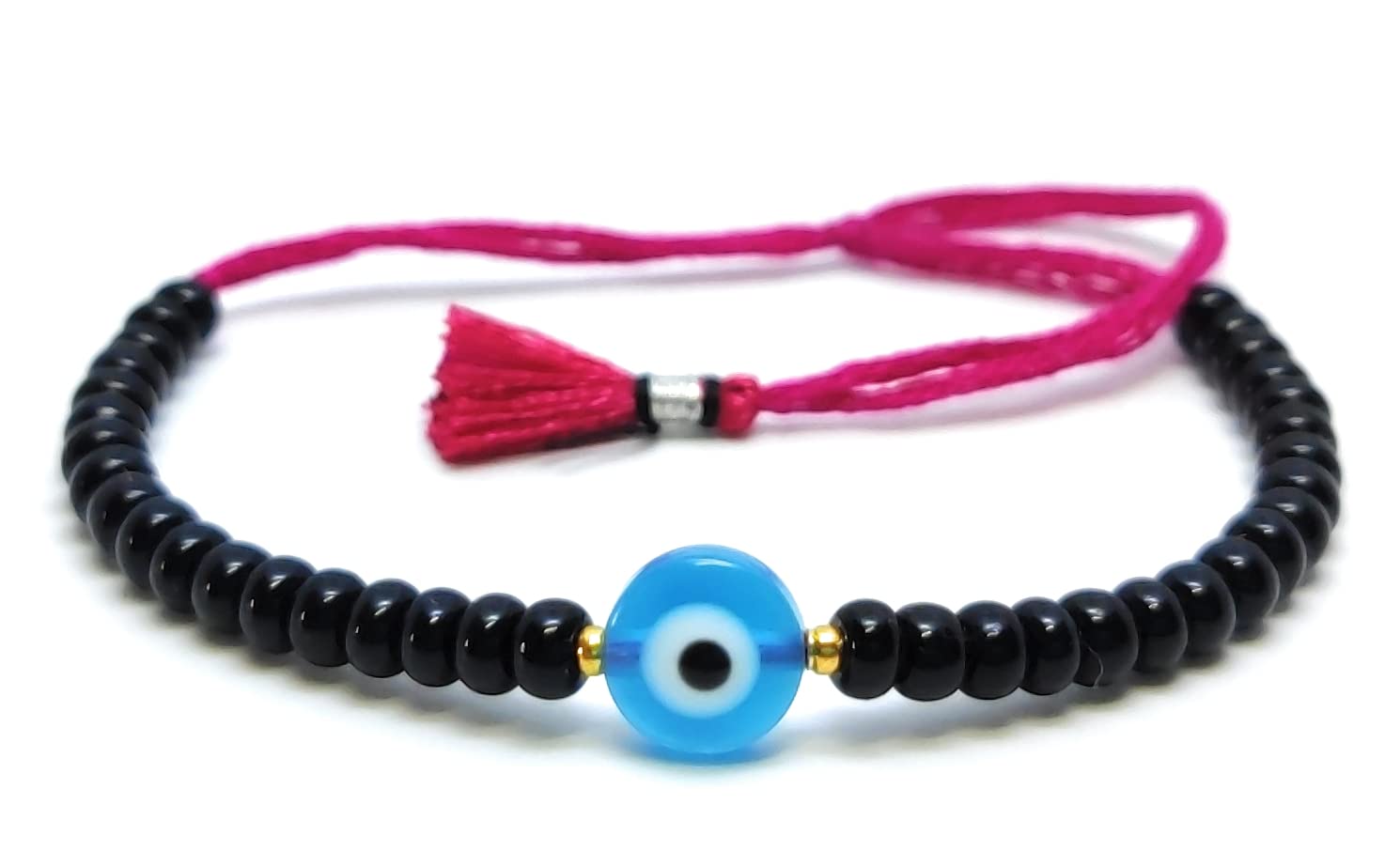 Jewel string Sea blue Evil Eye black bead Bracelet pink cord adjustable for girl women(Not for Anklet) tassle - Image 2 thumbnail