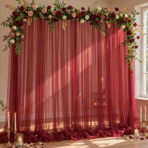 10x10FT Burgundy Sheer Tulle Backdrop Curtains for Wedding Parties,2 Pack Photo Backdrop Curtains Ceiling Drapes for Birthday Baby Shower,Arch Fabric Background with Rod Pocket for Home Decorations
