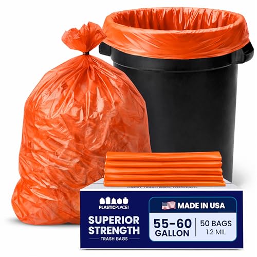 Image of Plasticplace 55-60 gallon Trash Bags │ 1.2 Mil │ Orange Heavy Duty Garbage Can Liners │ 38 inch x 58 inch (50 Count)