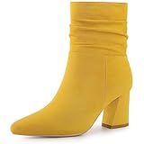 Allegra K Women's Pointy Toe Slouches Zipper Chunky Heel Yellow Ankle Boots 8 M US