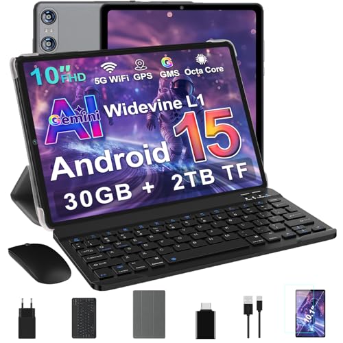 SKYEGG Android 15 Tablette 10 Pouces avec Gemini AI, 30 Go RAM + Extensible Jusqu'à 2 to ROM, Widevine L1, Octa-Core, 5G WiFi, 6000 mAh, BT 5.0, Tablette Tactile avec Clavier et Souris, Gris