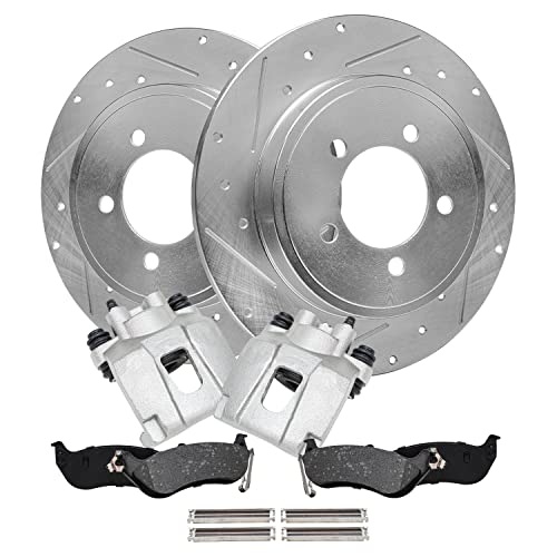Image of Detroit Axle - Rear Drilled Rotors + Calipers + Brake Pads Replacement | for 2006-2010 Ford Explorer Sport Trac Mercury Mountaineer - 6pc Set
