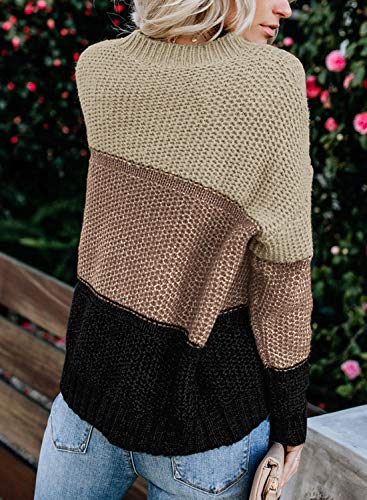 Lovezesent Womens Fashion Crewneck Long Sleeve Color Block Striped Ribbed Knitted Pullover Sweaters Jumper Tops 2020 Khaki Small