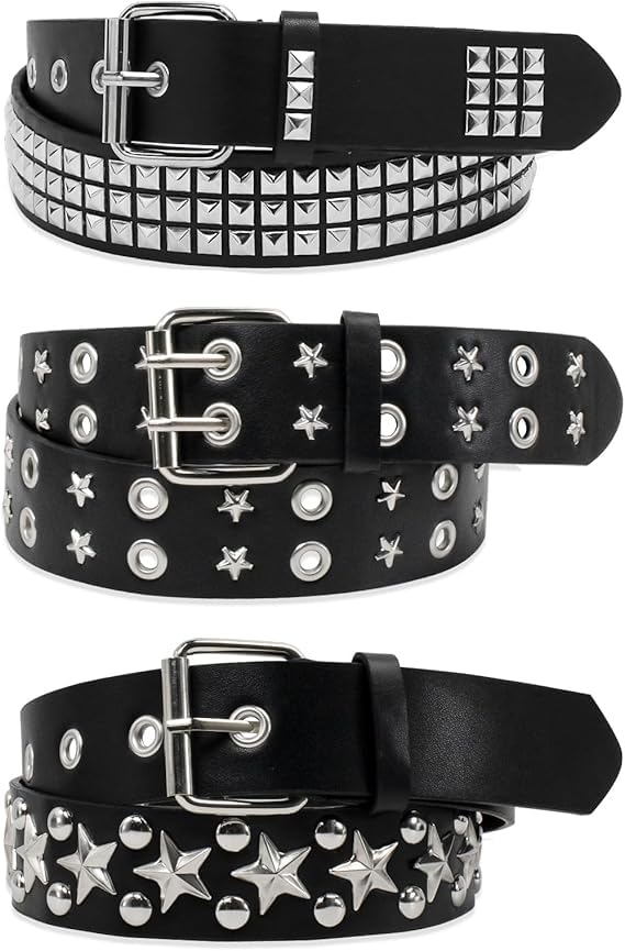 3 Pcs Y2K Goth Punk Rock Belts, Black Studded with Double Grommet, for Women & Men's Fashion