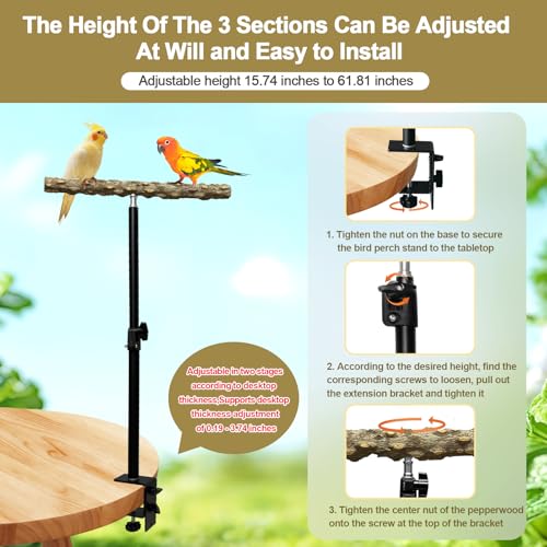 Image of 13-23 Inch Height Adjustable Desktop Bird Perch Pepper Wood Bird Training Perch Stand Parakeet Perches Indoor and Outdoor Parrot Stands for Small to Medium Bird