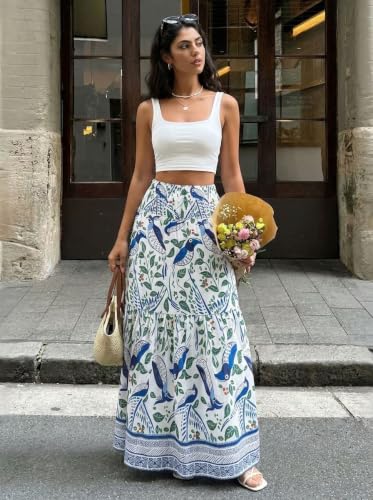 YHYJMY Women Boho Tiered Maxi Skirt Toucan Bird Leaf Print Long Skirt Smocked Elastic High Waist Flowy A Line Long Skirts for Beach Holiday(YY509-white-M) - image 2