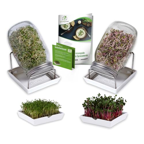 GROWPOWR® 𝟐𝐱 Kresse Anzuschalen mit Kressesieb + 𝟐𝐱 950ml Keimglas mit Keramikschale | Das einzige Anzuchtset mit Sprossen & Kresse Guide | Sprossen Keimschalen Set