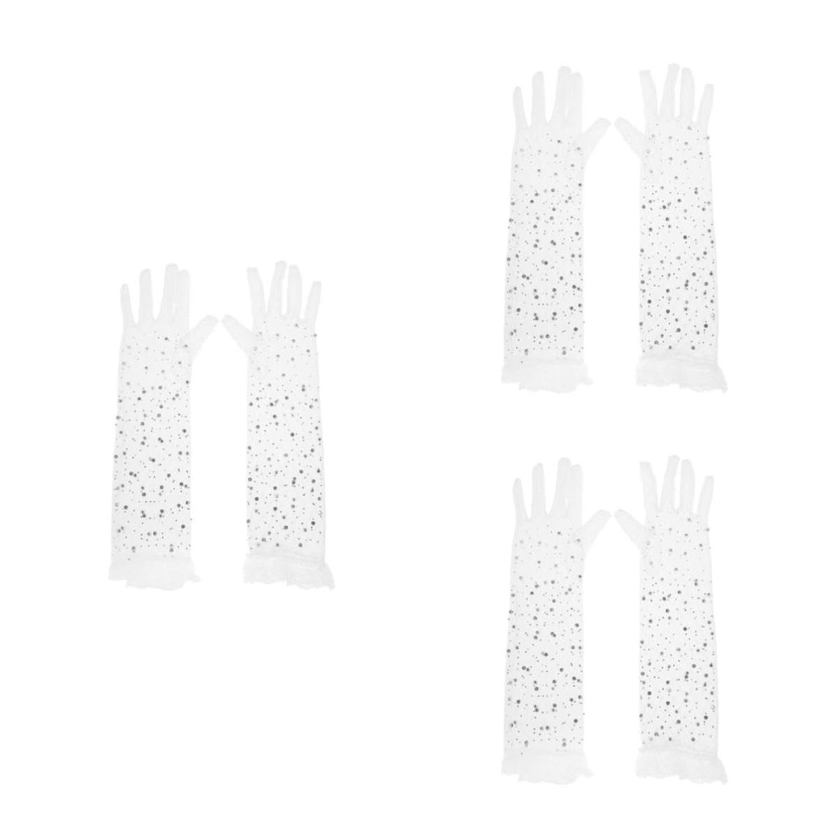 Abaodam 3 Pares Guantes Largos de Encaje Blanco Brillantina y Tul, Diseño Elegante Ribete Blanco, Ligeros y Versátiles para Bodas y Ocasiones Obsequios