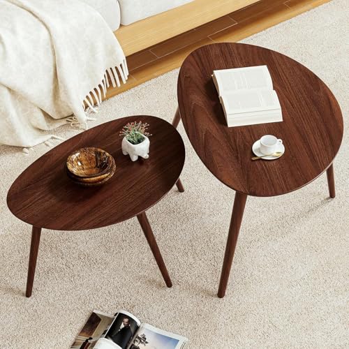 Image of Small Oval Coffee Table, 25.6'' Small Mid Century Modern End Table for Living Room, 100% Solid Sheehsam Wood Side Table,
