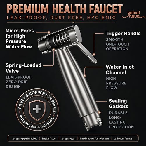 Image of Health Faucet Stainless Steel Handheld Bidet Sprayer | Bathroom Hand Shower | Leakproof, Rust Resistant | Easy Installation | Jet Spray Only