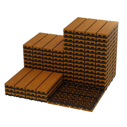Garvee 27Pack 12x12 Interlocking Composite Deck Tiles Waterproof Composite Wood Outdoor Flooring for Patio & Balcony Snap-Together Easy Install All-Weather Poolside & Garden Tiles Teak