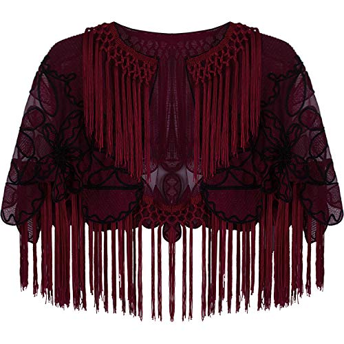 Vijiv Women's 1920s Black Shawl Art Deco Embroidered Fringe Evening Cape Bolero Flapper Cover Up