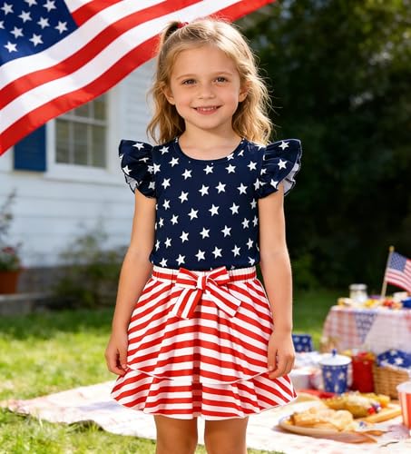 Image of Girls Skirt Set 2 Piece Outfit Toddler Summer Clothes Ruffle Sleeve T-Shirt Bow Knot Tutu Skirt Outfit Set