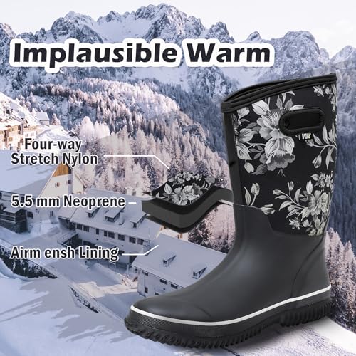 Image of WTW Womens Mid Calf Rain Boots - Waterproof Insulated Neoprene Rubber Boots Mud Outdoor Hunting Garden Boots