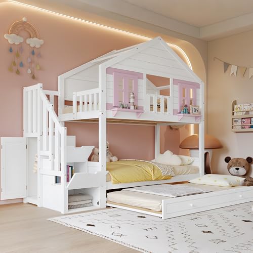 YuQozii Litera con cama plegable, cama infantil, zona para colgar ropa, con bonitas ventanas y techo, somier de láminas estable, pino + MDF, madera contrachapada, blanco y rosa, 90 x 200 cm