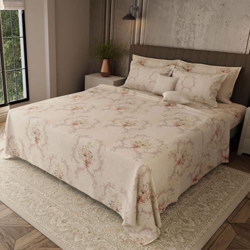 Image of BOUTIQUE LIVING Platinum Pulse Monticello 100% Cotton 800 TC Beige Floral King Bedding Set