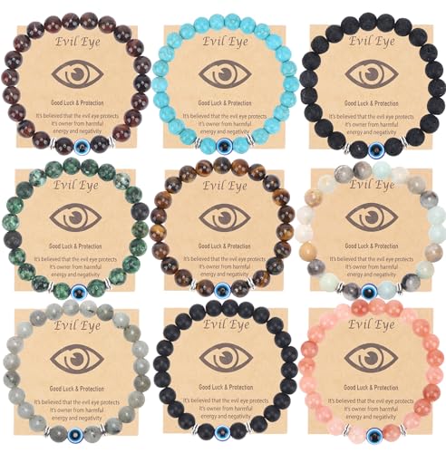 SAMOCO 9Pcs 8mm Blue Evil Eye Beaded Bracelets Lucky Bracelet for Protection Blessing Jewelry Boho Handmade Strehch Bracelet for Women Men