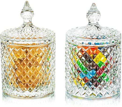 Firstlight Crystal Diamond Faceted Jar with Crystal Lid,Suitable as A Candy Bowl,Cookie Tin,Biscuit Barrel,Decorative Candy Jar Sugar Bowl Set of 2