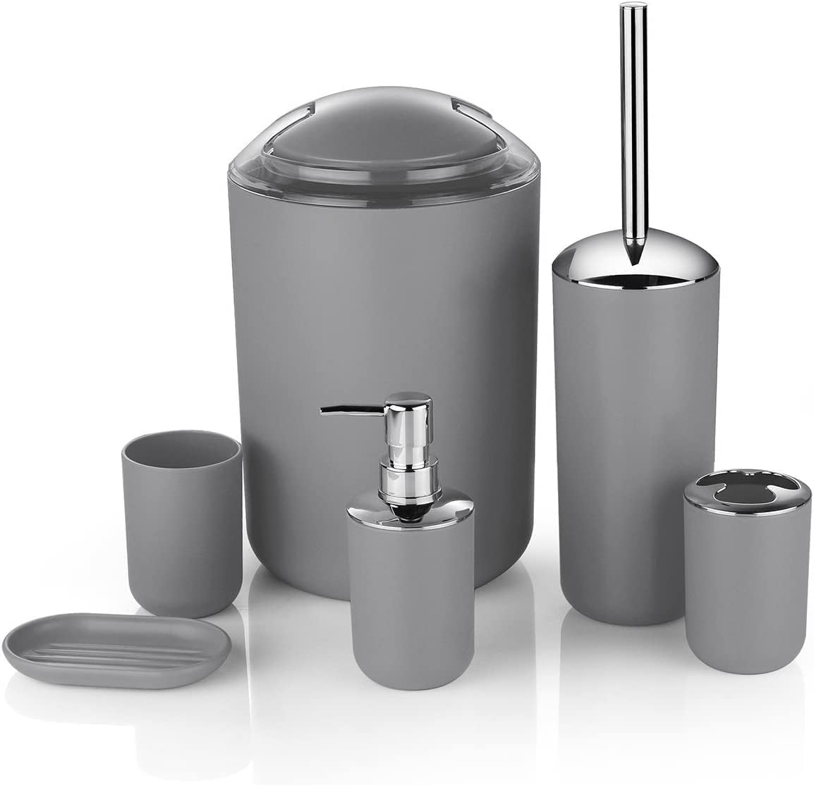 XIUWOO 6 Pcs Plastic Bathroom Accessory Set Luxury Bath Accessories Bath Set Lotion Bottles, Toothbrush Holder, Tooth Mug, Soap Dish, Toilet Brush, Trash Can, Rubbish Bin (Grey)