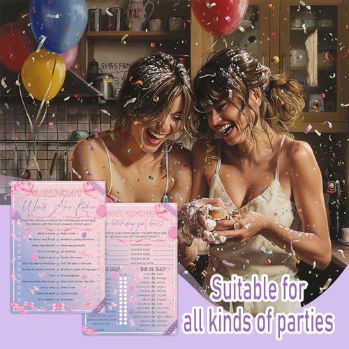 Image of Who Knows The Birthday Best - Pink Purple Party Games Card Set - Sleepover Slumber Party Supplies - Birthday Night Games Creative Idea - 20 Game Cards