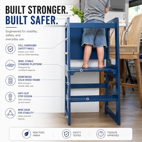 Image of Avenlur Toddler Tower, Date 4-in-1 Kitchen & Learning Tower (Blue) | Avenlur Date 4-in-1 Kitchen Tower doubles as a kitchen stool for toddlers, montessori tower, and toddler tower table.