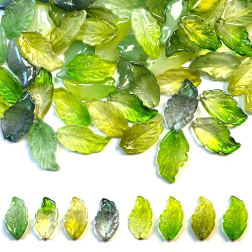 104Pcs Green Glass Leaf Beads for Jewelry Making, Transparent Glass