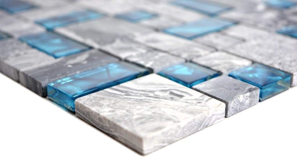 Lot de 10 dalles mosaïques en verre - Gris et bleu - Pour mur, salle de bain, cuisine, salle de bain, revêtement, carrelage
