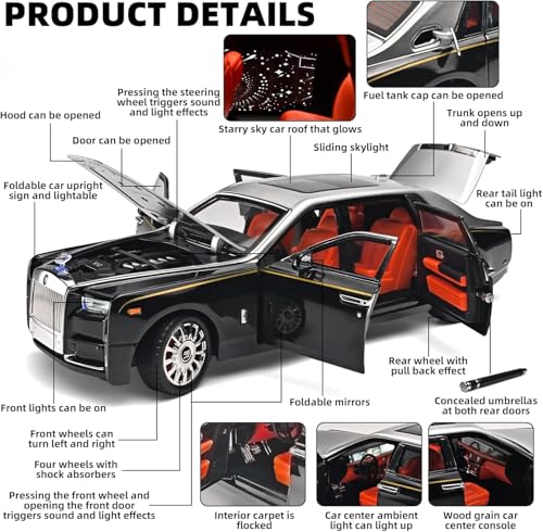 Image of LONGMIRE Rolls Royce Phantom Model Car 1:18 Scale Alloy Metal Pull Back Die-cast Toy Vehicle with Openable Doors Light and Music for Kids and Boys