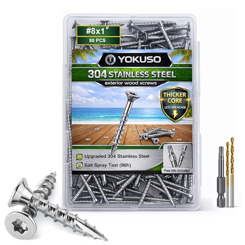 Image of #8 x 1 Stainless Steel Wood Screws - 304 Stainless Steel Exterior Deck Screws (80 PCS), Corrosion & Rust Resistant, T20 Torx Flat Head for Outdoor Wood,Fence & Marine (3 Driver Bits Included)
