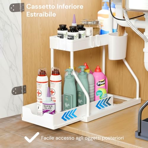 Avilia Organizer Sottolavello Estraibile A 2 Livelli - Cassetto Scorrevole Salvaspazio Con Secchiello Laterale E 4 Ganci - Supporto Multiuso Per Detergenti E Spugne - Per Cucina, Bagno E Lavanderia - 2