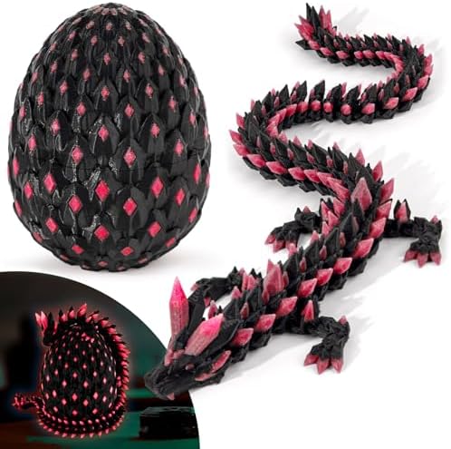 Waaaandefu 3D Printed Glow in The Dark Red Dragon with Egg – Articulated Fire Crystal Dragon Toy – 3D Printer Fantasy Collectible – Dragon Egg with Dragon Inside