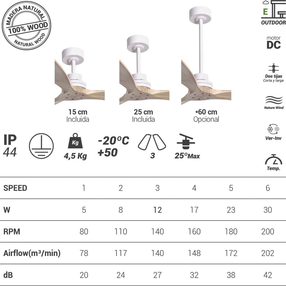 Ventilador de techo de madera natural, para exterior ip44, Nati, motor DC mando a distancia, sin luz, claro