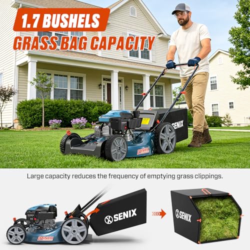 Image of SENIX 21'' Self Propelled Gas Lawn Mower 170 cc, 6-Position Cutting, 3-in-1 | (Mulching, Side Discharge and Rear Bagging), 4-Cycle OHV Gas Lawn Mowwer, Rear-wheel Drive 8 Inch /11 Inch