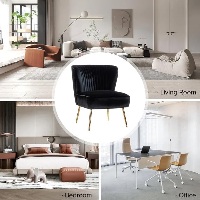 Image of Modern Upholstered Accent Velvet Chair Single Seater Channel Tufted Wing Back Chair with Golden Matel Legs for Living Room, Bedroom, Dining Room, Black
