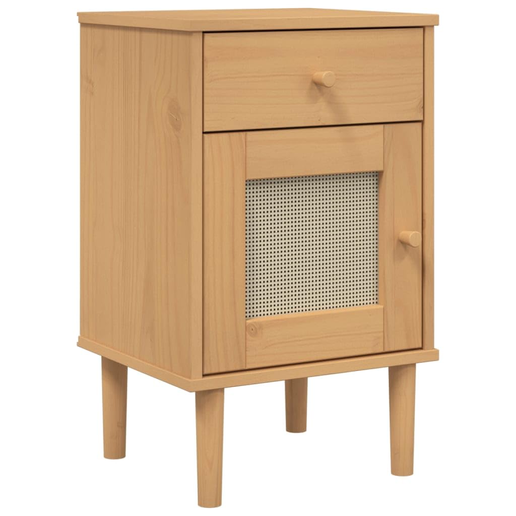 Comodino SENJA Aspetto Rattan Marrone 40x35x65 cm in Legno Pino Elegante Mobiletto Notte in Rattan Look per Camera Letto con Cassetto Salva Spazio