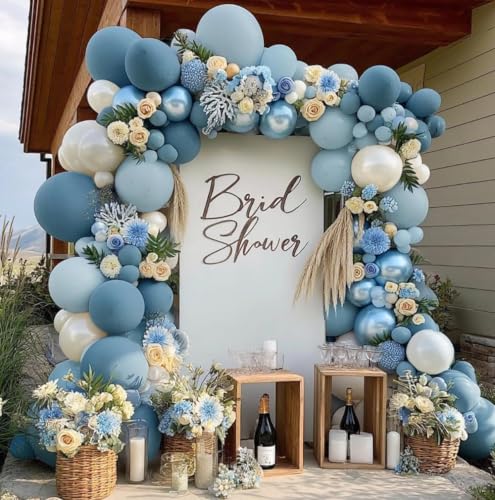 Image of Dusty Blue Balloon Garland Double Stuffed Pastel Slate Blue White Balloons | Pearl Sand Balloon Arch Kit for Baby Shower Birthday Bridal Wedding Graduation Engagement Party Decorations
