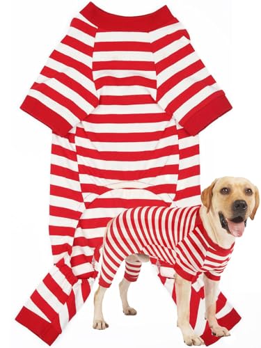 Dog Christmas Pajamas for Large Dogs, Cotton Thermal Dog Pjs Jumpsuit with Cover Legs Christmas Puppy Clothes, Striped Onesie Suit for Small Medium Large Dogs (XXX-Large, Redwhite)
