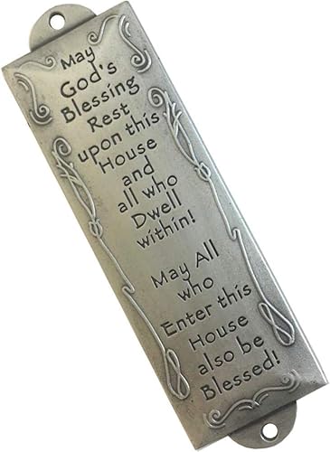 Miniatura 13 de Holy Land Market Shema Mezuzah de peltre con pergamino - Bendición de la casa en inglés/hebreo, bendición de metal, diseño rectangular