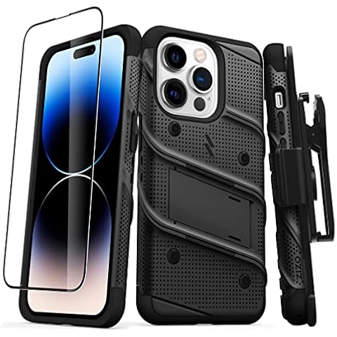 ZIZO Bolt Bundle for iPhone 14 Pro (6.1) Case with Screen Protector Kickstand Holster Lanyard - Black Cover