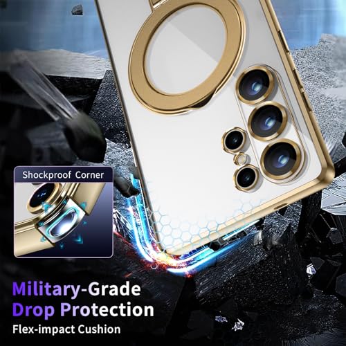 Image of Magnetic Stand & Full Camera Lens Protector Case for Samsung Galaxy S25 Ultra[Compatible with MagSafe][Military Drop Protective]Not Yellowing Clear Slim Soft S25 Ultra Phone Case for Women Men,Gold