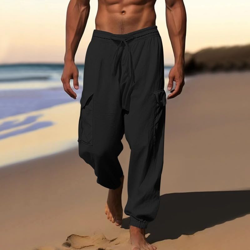 Men's Linen Cotton Beach Pants Loose Lightweight Elastic Waist Baggy Tapered Yoga Casual Trousers with Pockets2