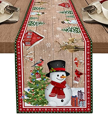 SUN-Shine Chirstmas Table Runner Winter Snowman with a Topper Dresser Scarves Wood Grain Linen Burlap Table Runners Cloth for Dinner Holiday Party, Kitchen Decor 13x70inch