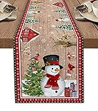 SUN-Shine Chirstmas Table Runner Winter Snowman with a Topper Dresser Scarves Wood Grain Linen Burla