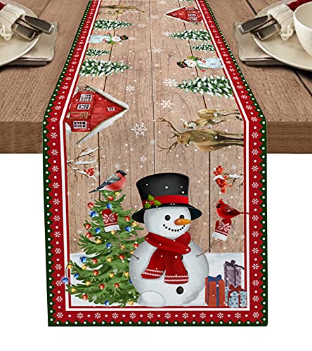 Sun-Shine Chirstmas Table Runner Winter Snowman With A Topper Dresser Scarves Wood Grain Linen Burlap Table Runners Cloth For Dinner Holiday Party, Kitchen Decor 13X70Inch #TOP2