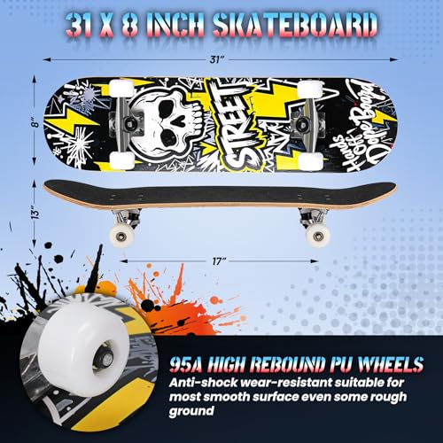 Image of Pro Complete Skateboards for Beginners Girls Boys Kids Youths Teens Adults 31 inchx8 inch Skate Boards 7 Layers Canadian Maple Double Kick Deck Concave Longboard